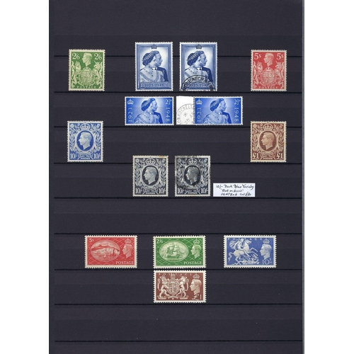 164 - GB: Varied and unusual mix of mint/used QV-KGVI collection in 16 page stock-book. Defin, commem, off... 