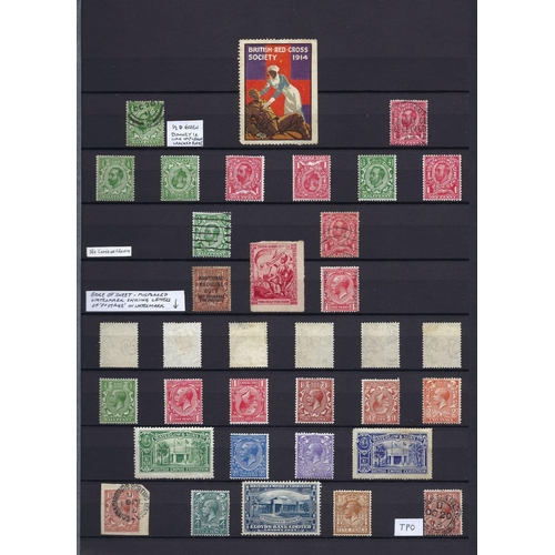 164 - GB: Varied and unusual mix of mint/used QV-KGVI collection in 16 page stock-book. Defin, commem, off... 