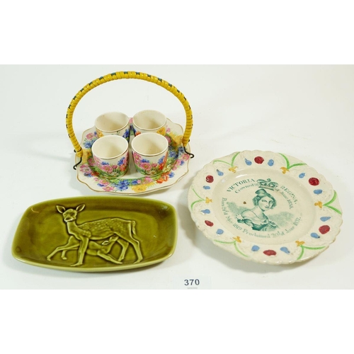 370 - A Royal Stafford egg cup stand, a Poole green pin dish and a Queen Victoria commemorative plate, 183... 