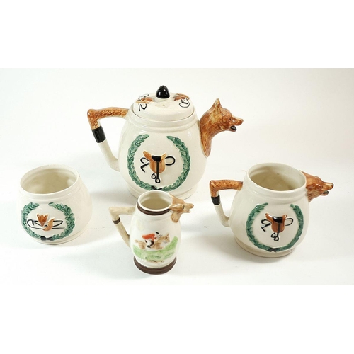 378 - A fox hunting teapot, jug, smaller jug and sugar