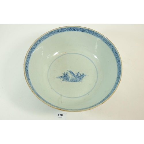 420 - A Japanese porcelain blue and white bowl painted landscape with boats, 28cm diameter