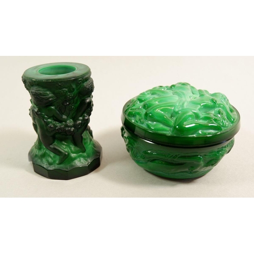 475 - A small Malachite glass vase by Curt Schlevogt, 8cm and a Malachite glass dressing table pot