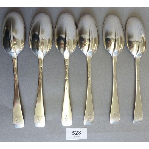 528 - A set of six George I Britannia Standard silver tablespoons, London 1715 by Philip Roker, 365g