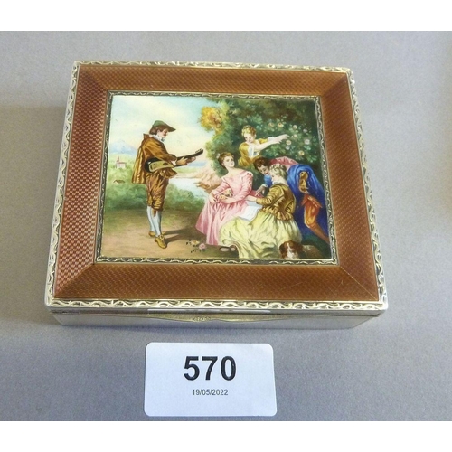 570 - A fine pair of silver and enamel boxes with rococo landscape and figurative scenes to lids, 8 x 9 x ... 