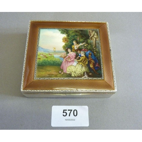 570 - A fine pair of silver and enamel boxes with rococo landscape and figurative scenes to lids, 8 x 9 x ... 