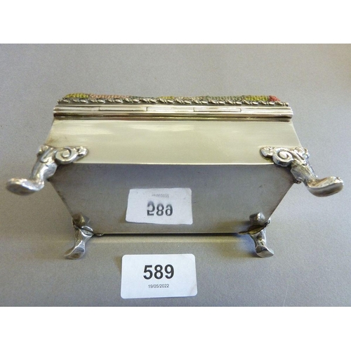 589 - A silver rectangular trinket box with pin cushion lid and paw feet, London 1913, by AJH, 10 x 6 cm