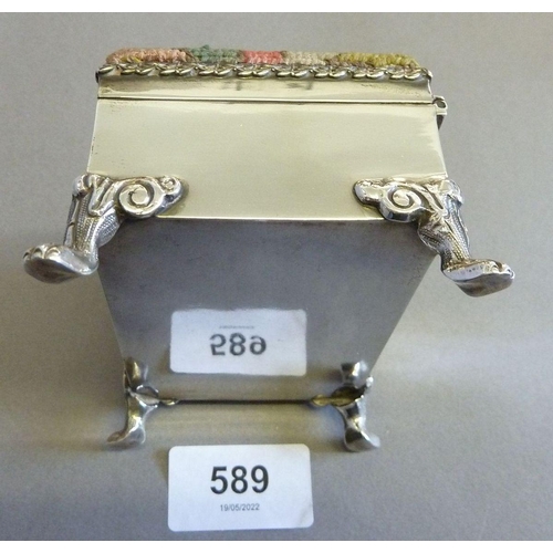 589 - A silver rectangular trinket box with pin cushion lid and paw feet, London 1913, by AJH, 10 x 6 cm