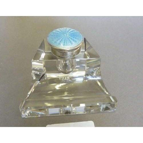 593 - A cut glass and blue enamel inkwell, Birmingham 1927 with original box