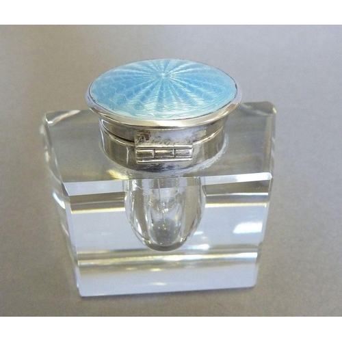 593 - A cut glass and blue enamel inkwell, Birmingham 1927 with original box