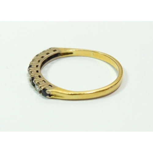 613 - A gold ring line set sapphires and diamonds (marks rubbed) size O, 2.2g