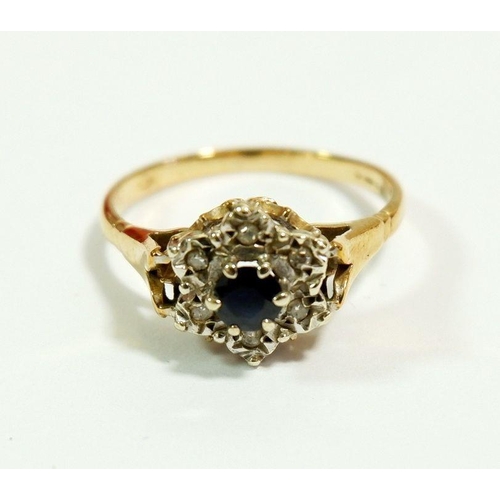 619 - A 9 carat gold sapphire and chip diamond cluster ring, size O