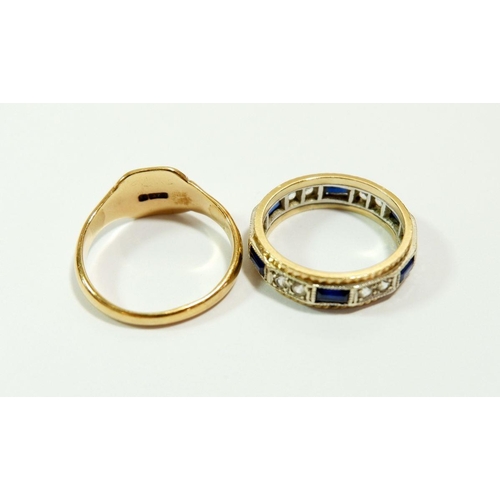 622 - A 9 carat gold signet ring, size P, 3g and an eternity ring set sapphires and white stones, size M, ... 