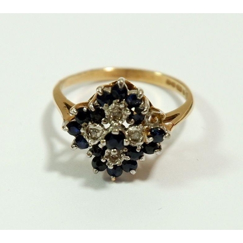 623 - A 9 carat gold sapphire and diamond cluster ring, size N, 2.7g - one stone defficient