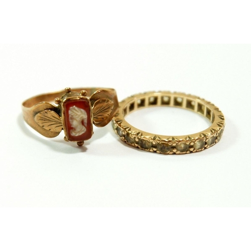 642 - A small gold cameo ring and a 9 carat gold eternity ring, size K