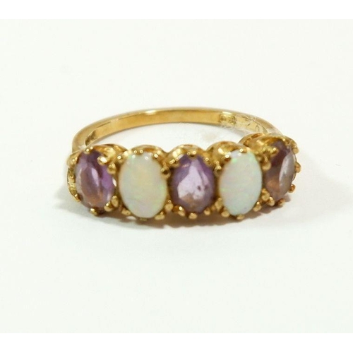 645 - A 9 carat gold opal and amethyst five stone ring, size M