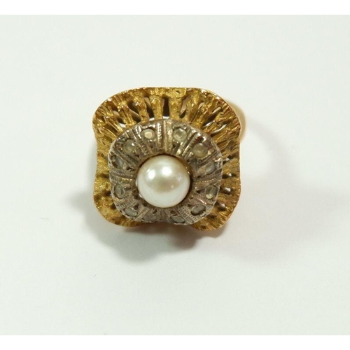 651 - A vintage gold ring set pearl within white stone/diamond surround, size H, 6.2g