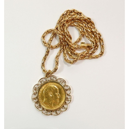 668 - A gold sovereign 1903 mounted on a spiral link chain, overall weight 19g, chain and mount marked 9 c... 