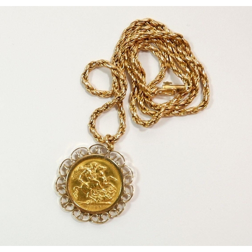 668 - A gold sovereign 1903 mounted on a spiral link chain, overall weight 19g, chain and mount marked 9 c... 