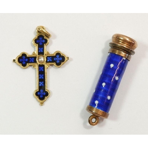 669 - A yellow metal and blue enamel crucifix set seed pearl and an enamel cased chatelaine pencil