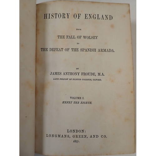 242 - History of England by James Anthony Froude, twelve volumes, leather and marble bound