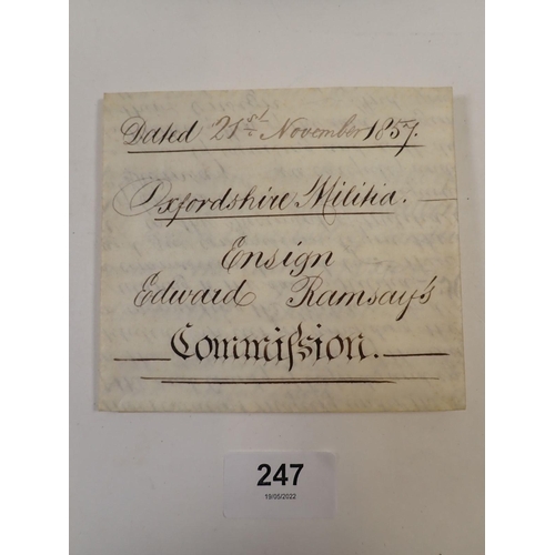 247 - Victorian 1857 Commission for Edward Ramsay Esq to the Oxfordshire Regiment of Militia as Ensign sig... 