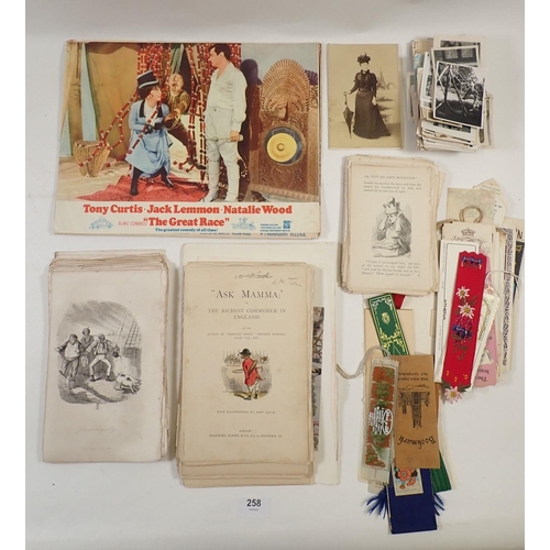 258 - A box of John Leech illustrations and bookmarks and vintage film foyer cards