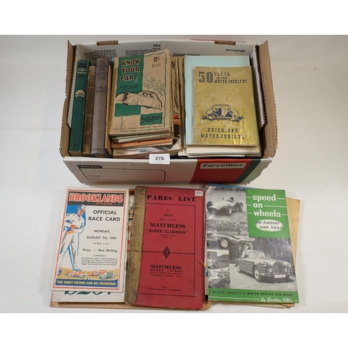 276 - A box of motoring ephemera, books and booklets Morgan Riley, Sunbeam, ERA, Hispano Suiza