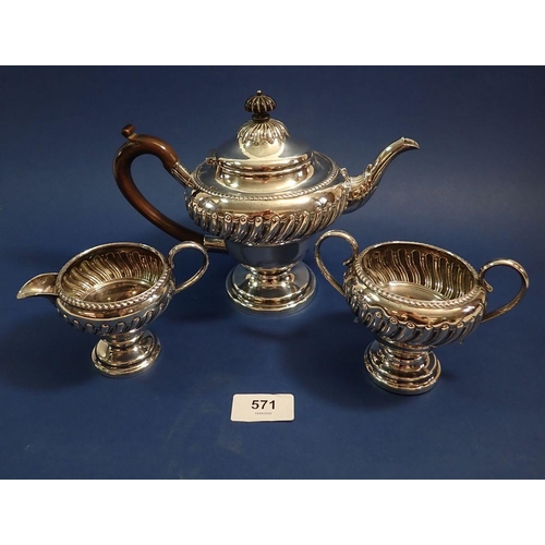 571 - A silver three piece tea service with gadrooned border and pedestal foot, Sheffield 1898 Jenkins & T... 