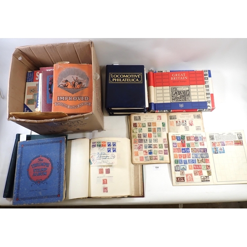 104 - GB & ROW: 2 boxes stamps in 12 albums incl 2 'Locomotive Philatelic' purposed thematic albums with m... 