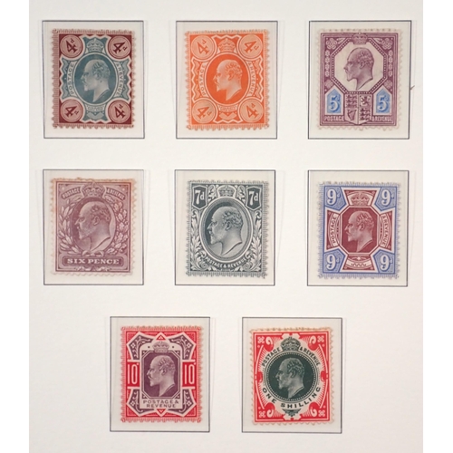 141 - GB: Mint KEVII defin, 1901-1910, 1/2d to 1/- values on 2 purposed album pages.