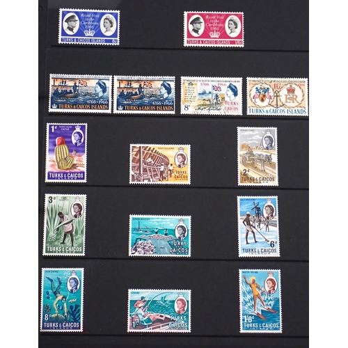 165 - Turks & Caicos Is: Black 14 page Hagner album of QV-QEII defin & commem. Wmk, overprint & other vari... 