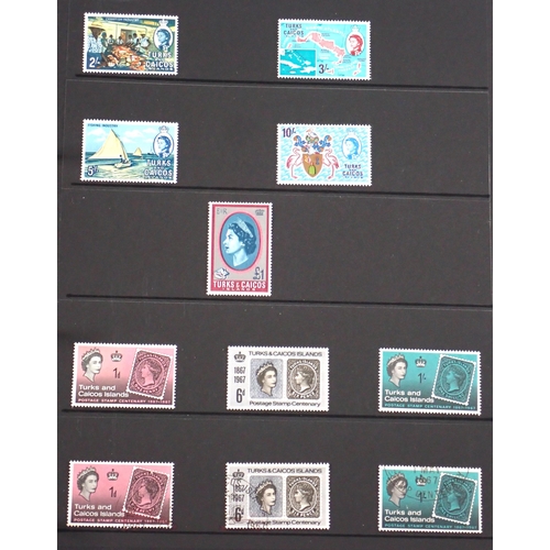 165 - Turks & Caicos Is: Black 14 page Hagner album of QV-QEII defin & commem. Wmk, overprint & other vari... 