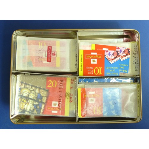 117 - GB: Numerous QEII booklets in a tin. Incl 1st, 2nd, 'E' and 'Worldwide' stamps. Many benefit from cy... 