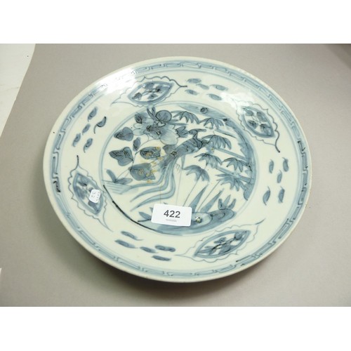 422 - A Chinese blue and white dish painted bird and flowers, 26cm diameter