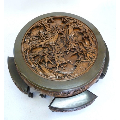 1002 - A Chinese circular occasional table and 4 1/4 nest tables all with elaborate carved decoration