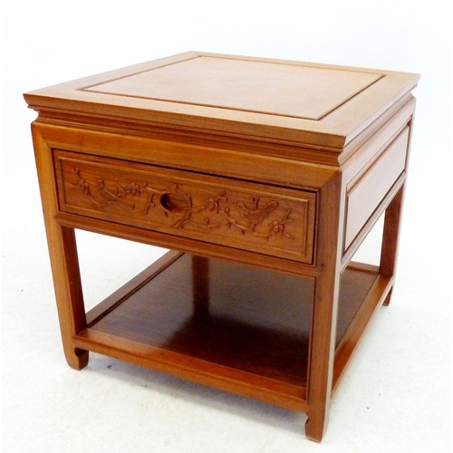 1004 - A Chinese square two tier occasional table with drawer carved birds and prunus, 56cm square