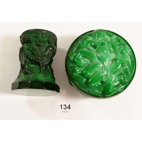 134 - A small Malachite glass vase by Curt Schlevogt, 8cm and a Malachite glass dressing table pot