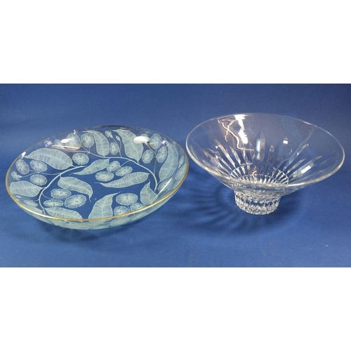 143 - A Webb cut glass bowl 24cm, a cut glass vase, a Tudor cut glass large dish and an etched glass vinta... 