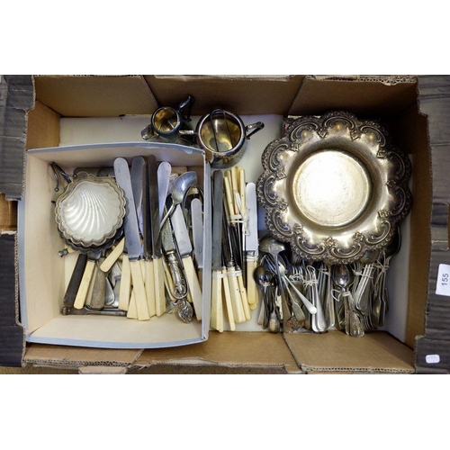 155 - A box of silver plated items and silver plated cutlery etc.