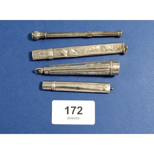 172 - A silver pencil holder Birmingham 1919, a propelling pencil holder, a pencil holder and a cheroot ho... 