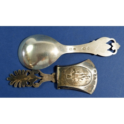 177 - Two silver caddy spoons, one Danish and the other with Chester import hallmarks for 1906 by BM