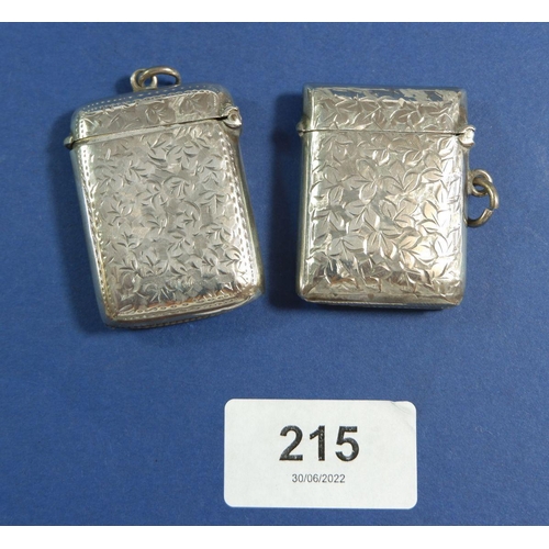 215 - Two silver vesta cases with engraved decoration, Chester 1905 and Birmingham 1905, 47g