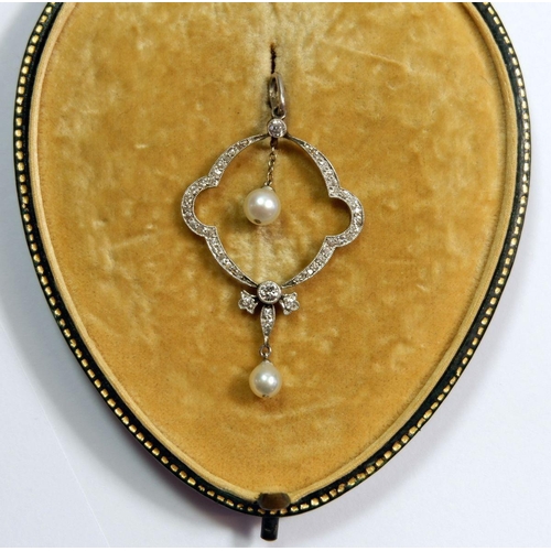 284 - An Edwardian diamond set pendant of open design suspended two pearls - with case, 4cm, 2.8g