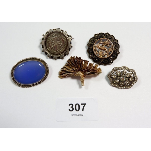 307 - Five various silver vintage brooches