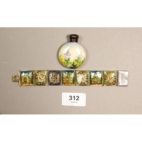 312 - A silver mounted porcelain scent bottle (Birmingham 1905) and a bracelet with painted mother of pear... 