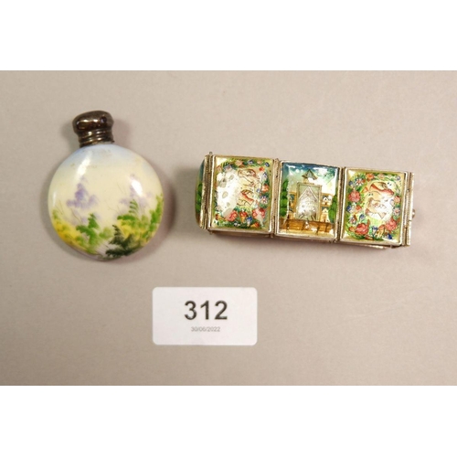 312 - A silver mounted porcelain scent bottle (Birmingham 1905) and a bracelet with painted mother of pear... 