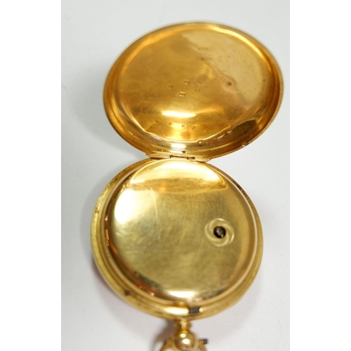 360 - An 18 carat gold pocket watch with enamel face and seconds dial marked 52814, 4.5cm diameter