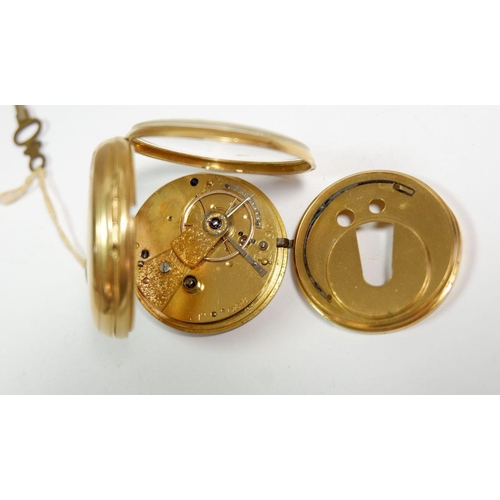 362 - A French 18 carat gold fob watch with engraved decoration and enamel dial, 3cm diameter, both cases ... 