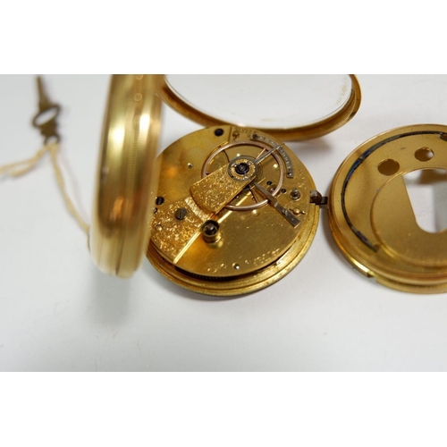 362 - A French 18 carat gold fob watch with engraved decoration and enamel dial, 3cm diameter, both cases ... 