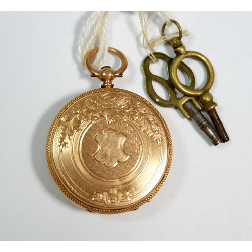 362 - A French 18 carat gold fob watch with engraved decoration and enamel dial, 3cm diameter, both cases ... 